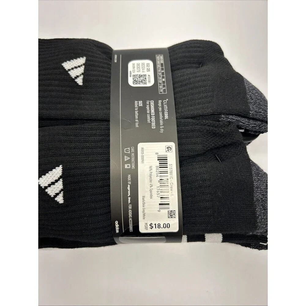 Adidas Youth Athletic Cushioned 6 Pack Crew Socks Black Large 5Y-7Y New